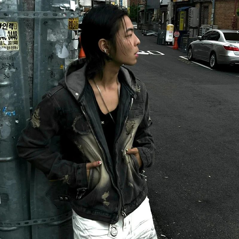 NIGO Mens Retro Old Fashion Denim Jacket Zip Destruction High Street Trend Hiphop #NGTOP11968 250811