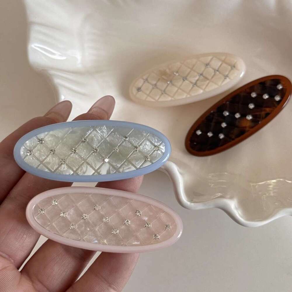 Oval Rhombus Plaid Rhinestone Simple Versatile Duckbill Acetate Side Clip Bangs Hairpin Hair Accessory New Style
