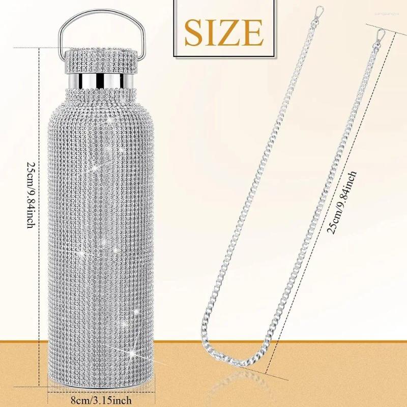 Water Bottles Thermal Rhinestone Bottle Stainless Steel Chain Bling Cups Removable Carrying Strap Refillable Glitter Tumbler Travel