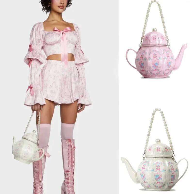 Creative Vintage Printed Teapot Design Women Handbags Pearls Chains Shoulder Designer Crossbody Small Buckets Bag