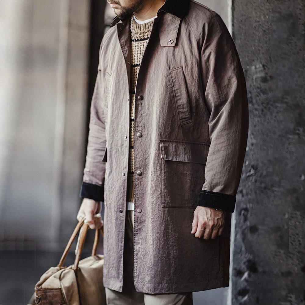 Maden Retro Corduroy Lapel Safari Trench Coat Loose Fit Singlebreasted Midlength Versatile Jacket for Mens Spring and Autumn 250804
