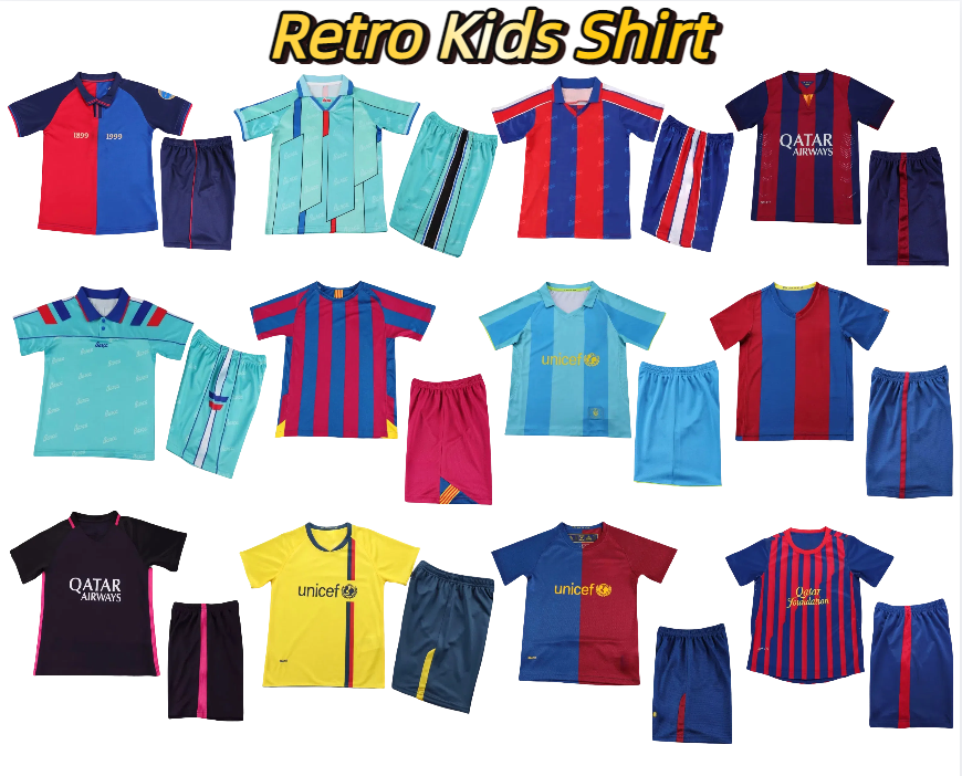 Retro Kids kit 92 95 96 97 98 99 barcelones soccer jerseys A.INIESTA 01 02 03 04 05 06 07 08 09 10 11 12 13 14 15 16 17 N.10 MESSI RONALDINHO football shirt