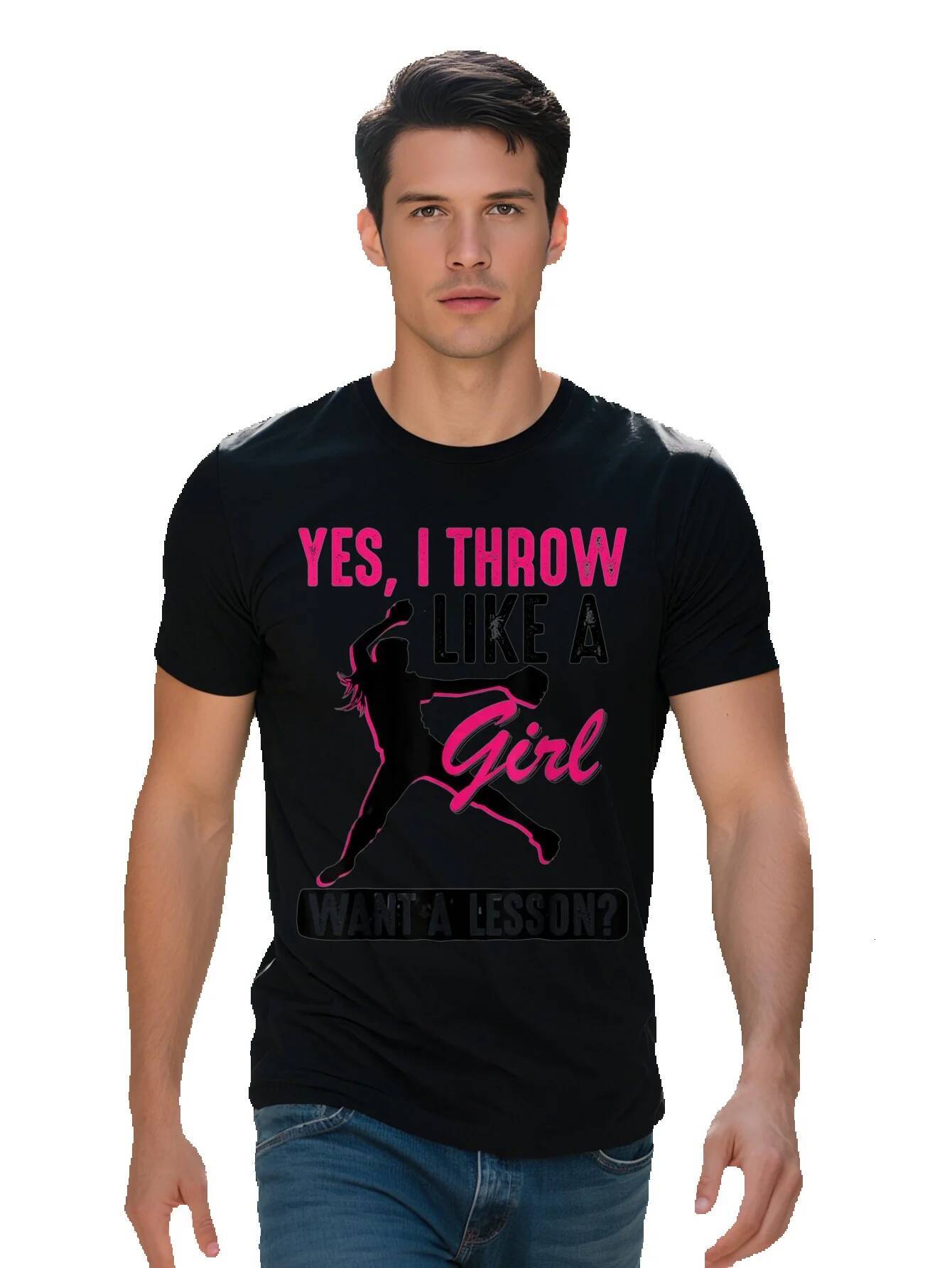 Men s Funny Softball Graphic T Shirt Yes I Throw Like A Girl Pitcher Design Cotton Short Sleeve Crew Neck 8a6c0 1bb73