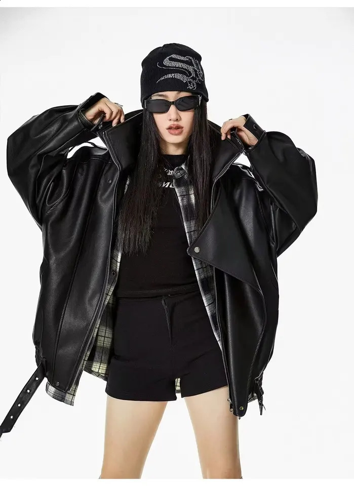 Korean Fashion Black Leather Jacket Women Clothing AutumnWinter Loose Casual Coat PU Leather Motorcycle Jacket Women Tops 250811