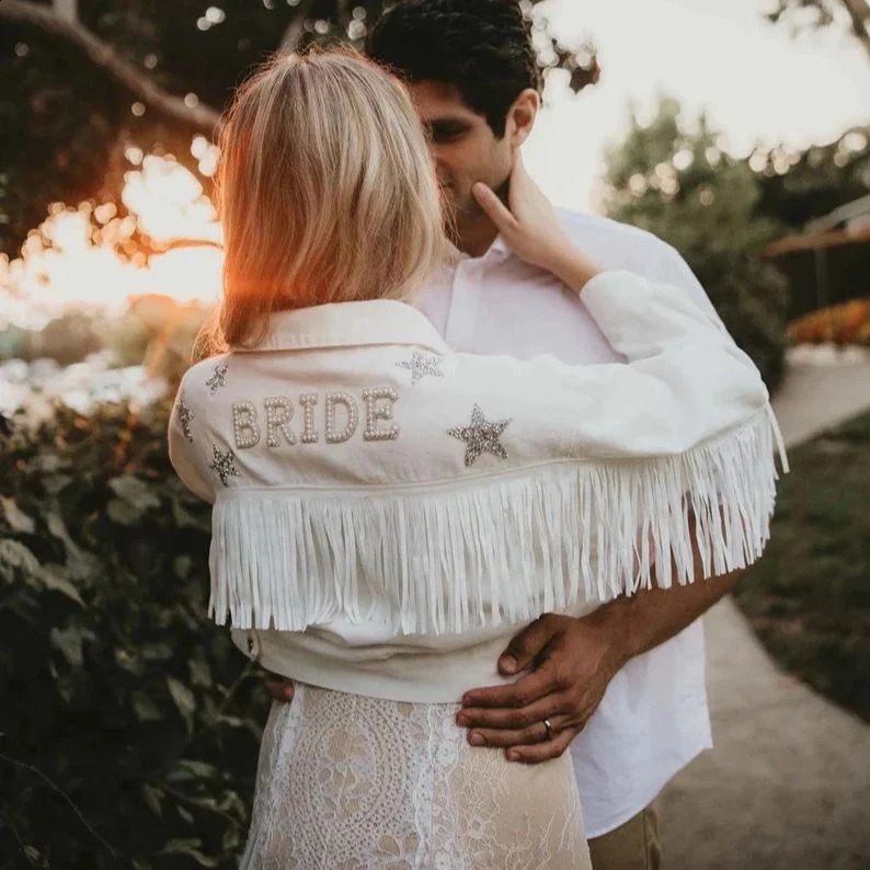 Denim Jacket With Stars White Fringe Pearl Rhinestone Personalized Bride Jacket Custom Mrs.Jean Wifey Denim Wedding Coats Tops 250804