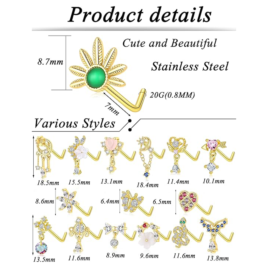 16Pcs 20G Nose Rings L Shaped Nose Studs for Women Stainless Steel Heart Snake Flower Bowknot CZ Butterfly Moon Dangle Nose Stud Ring Body Piercing Je