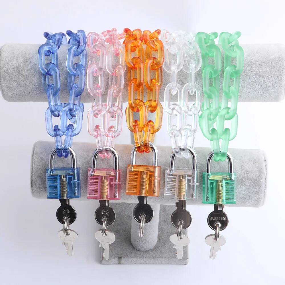 New Punk Acrylic Lock Pendant For Women Girl Pink Transparent Long Chain Necklace Nightclub Party Fashion Jewelry