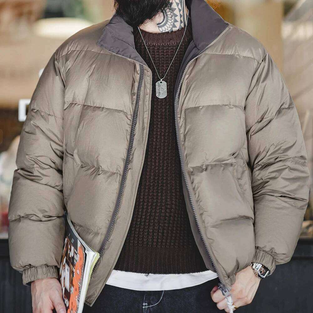 Maden Winter Reversible for Men White Duck Down Filling Versatile Stand-up Collar Warm Coat Mens Solid Color Jacket