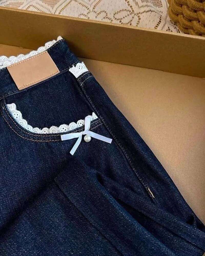 Sweet Lace Waist Design Loose Women's Dark Blue Jeans Straight Leg Slimming Elegant Style Casual Fashion Denim Long Pants