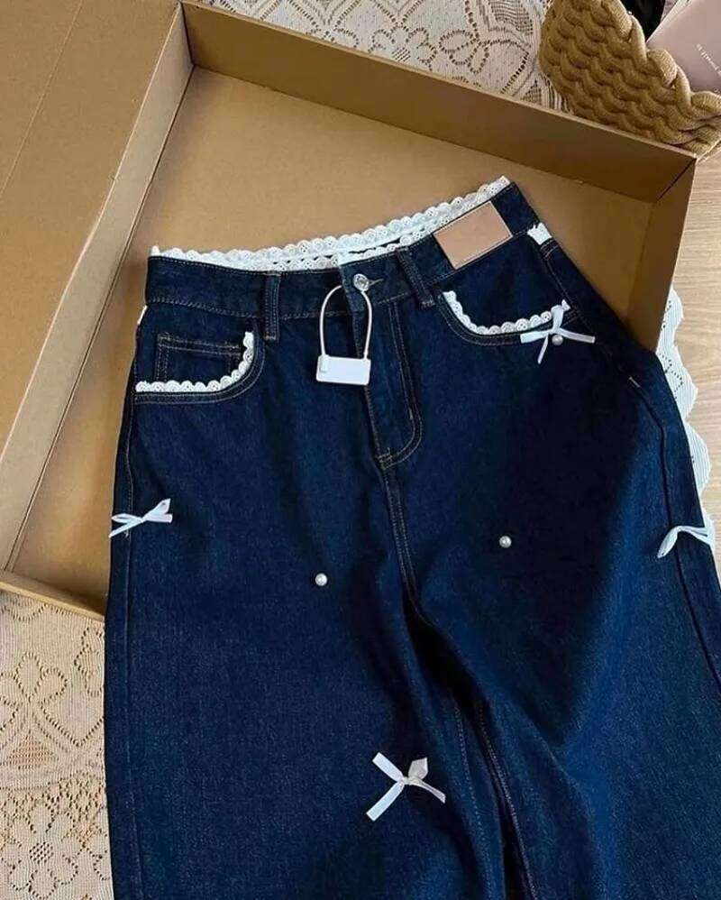 Sweet Lace Waist Design Loose Women's Dark Blue Jeans Straight Leg Slimming Elegant Style Casual Fashion Denim Long Pants