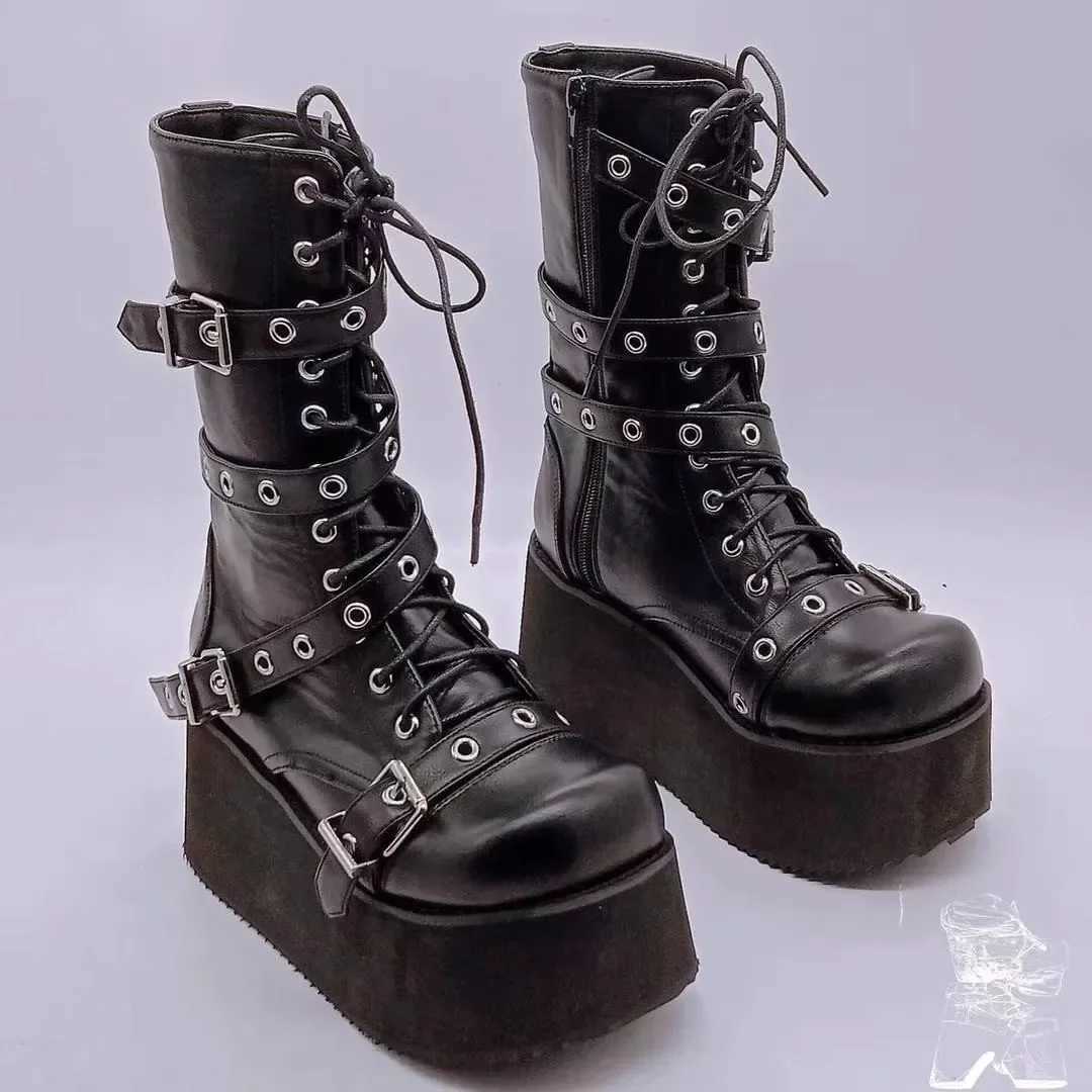 Plus Size 43 Autumn Women Boots Buckle Round Toe Wedges Platform Boots Punk Goth INS Women Street Shoes Combat Boots for Women W250811