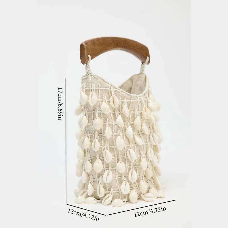 BEADED FABRIC BUCKET BAG, Designer Hollow Out Handbags, Women's Leisure Outdoor Bag with Conch
