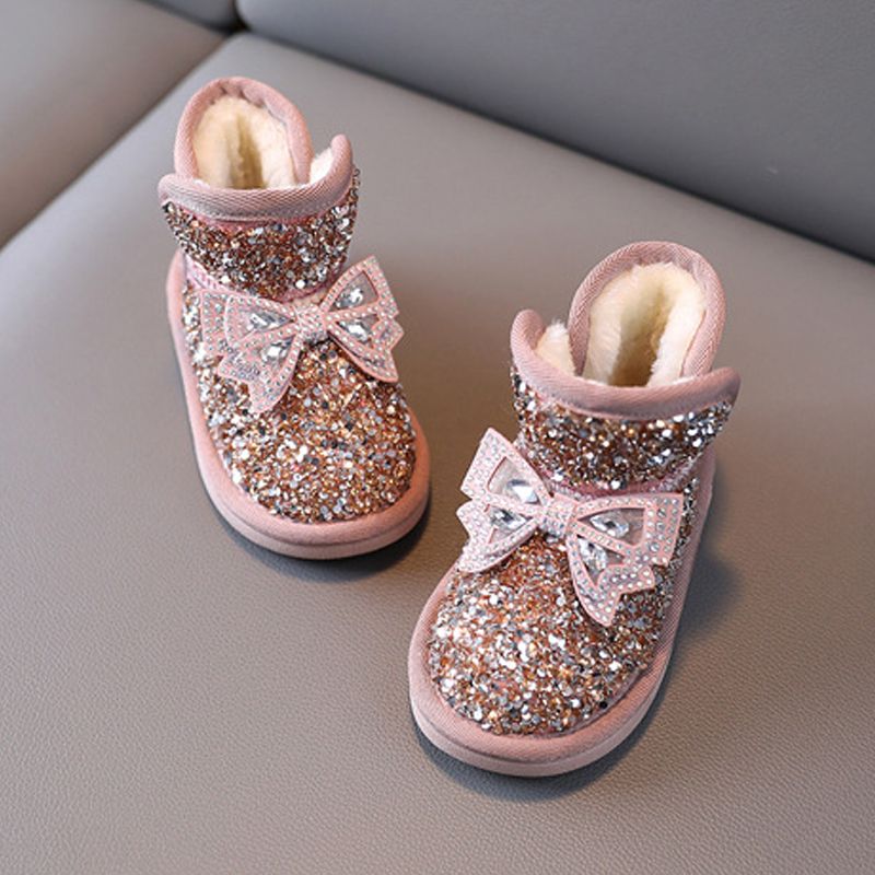 Girls Snow Boots Rhinestone Sequins Kids Fashion Winter Boots Princess Child Winter Cotton Plush Glitter Toddler Boots with Bow Cutefeet Classic Size 