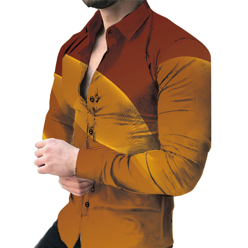 Men's long-sleeved shirt fashion T-shirt 3D printed casual slimming lapel long-sleeved shirt men's thin foreign trade youth shirt European c