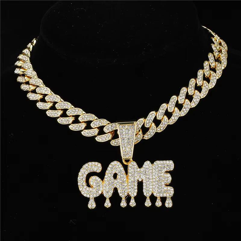 Hip Hop Icy Bling Jewelry Mens Luxury Gold Plated Rhinestone Diamond Drip GAME Letter Pendant With Prong Cuban Necklace CHAIN