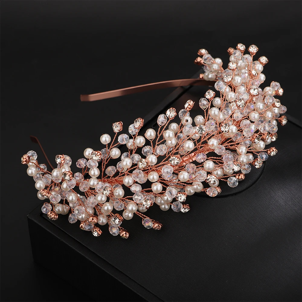 Elegant Pearl Bridal Crown Headpieces Crystal Wedding Hair Accessories Jewelry Handmade Women Headdress Tiaras 250804