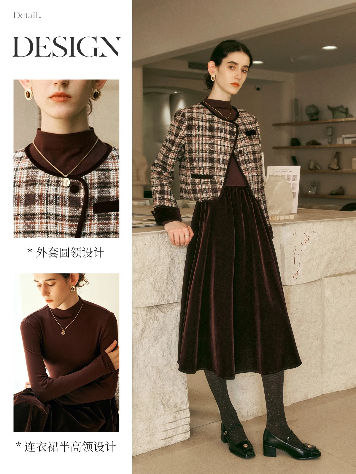 OLrain Twopiece Dresses Sets Women Spring Patchwork Velvet Midi Dress Tweed Plaid Jackets Elegant Ladies O56DE95268 250811