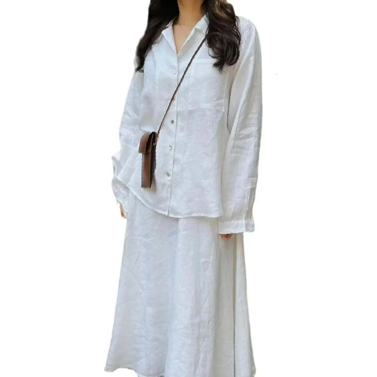 Fashionable Casual Womens Clothing Style Loose Fit Long Sleeve Shirt Solid Color Hemp Cotton Fashion Match Large Skirt 250811