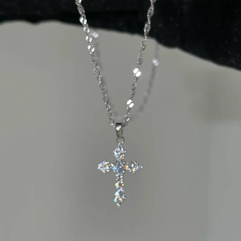 Y2K Style Crystal for Women Men Gothic Punk Hip Hop Cross Pendant Necklace Shiny Elegent Chain Party Jewelry