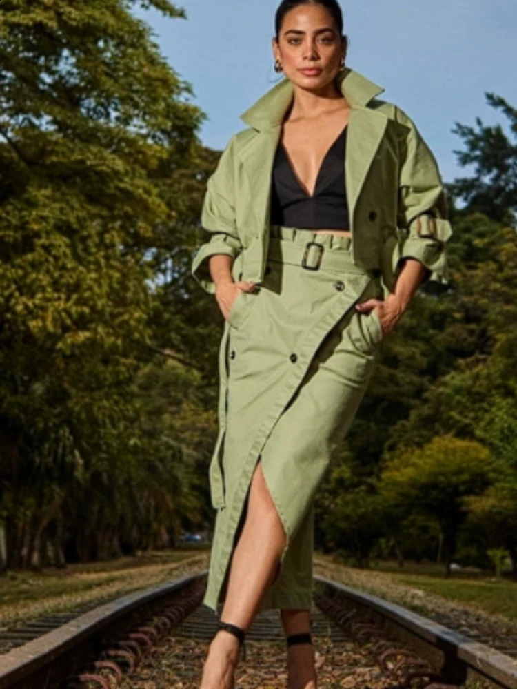 Fashion Two Piece Sets Outfits Office Lady Tracksuit Street Wear Cargo Set Long Sleeve Jacket and Wrap High Split Skirts Suit 250811