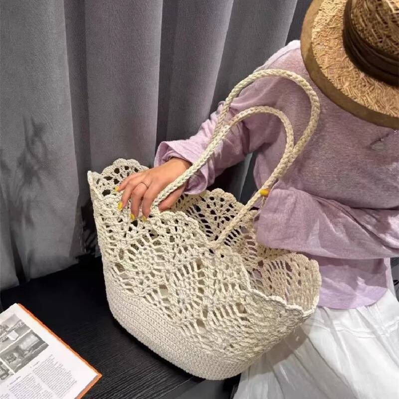 Fashion Vintage Flowers Handmade Knitting Crochet Shoulder Knitted Handbags Tote Women Designer Female Hand Bag high-quality