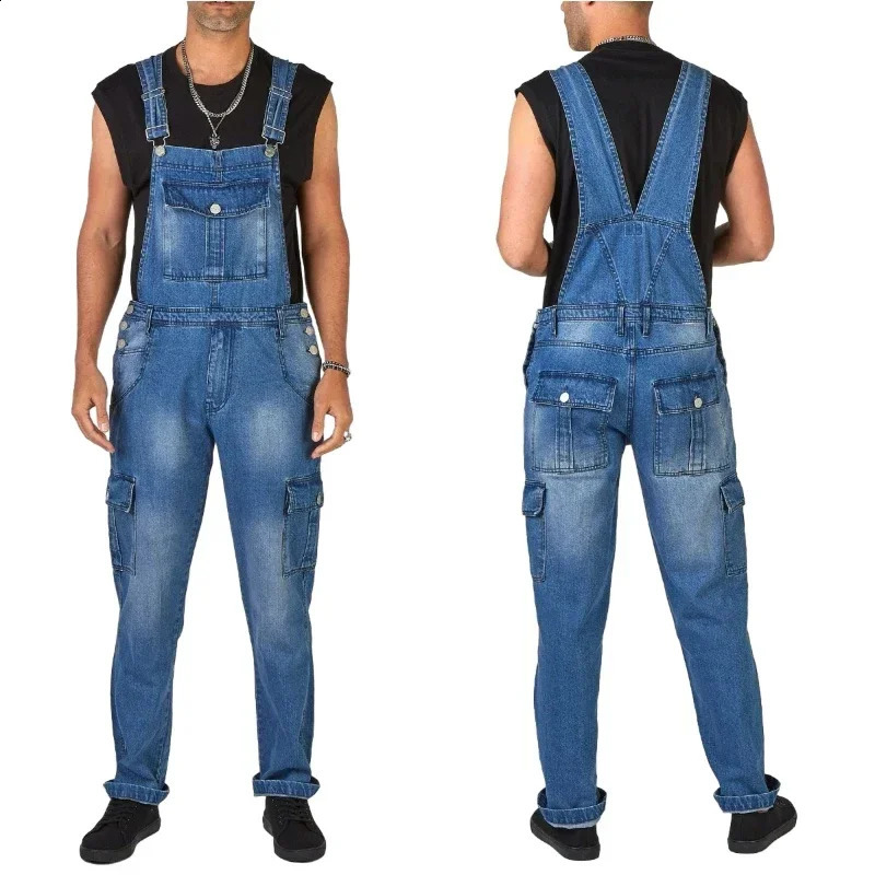 Mens Overalls Pockets Jeans Jumpsuit Autumn 2025 Men Casual Long Denim Pants Slim Splice Straight Rompers 250729