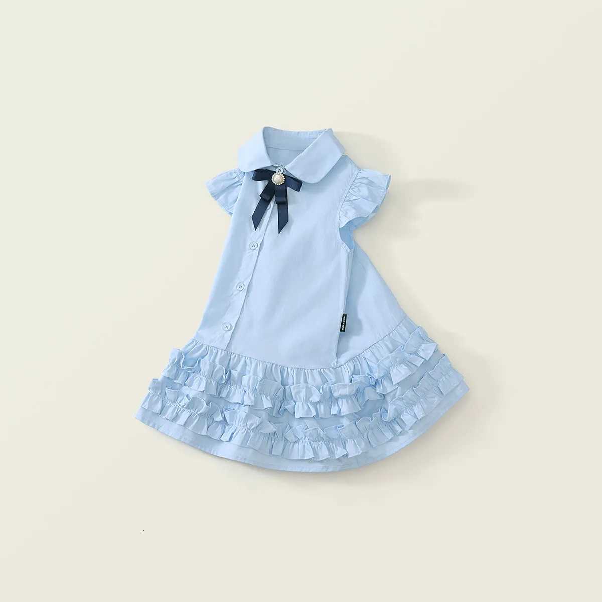 Girls Dress Summer Blue College Style Dresses for Kids 2025 New Baby Girl Bow Childrens Costume Baby Princess Clothing W250811