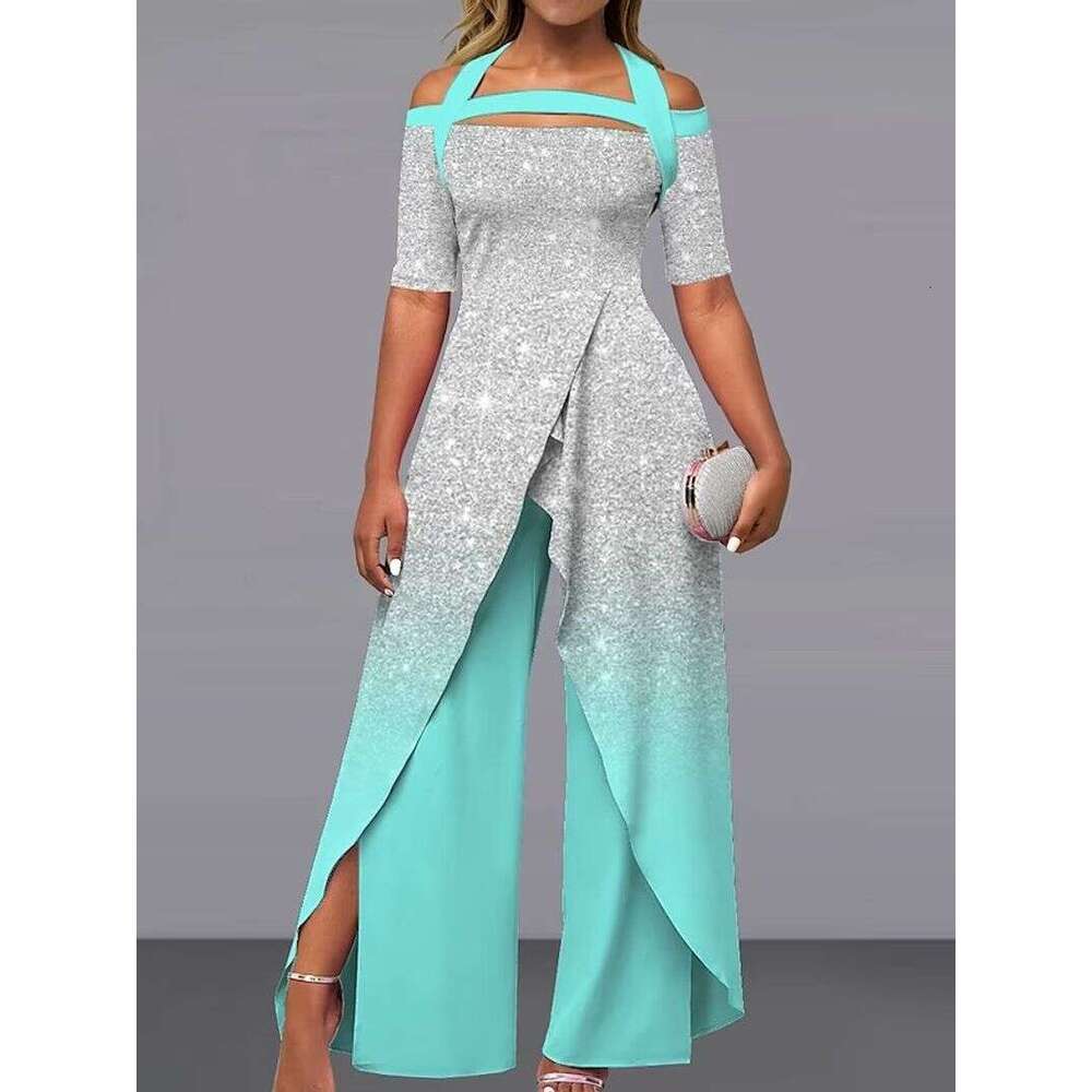 Women's Clothing Fashion Sexy Off-Shoulder Printed Casual Wide-Leg Jumpsuit