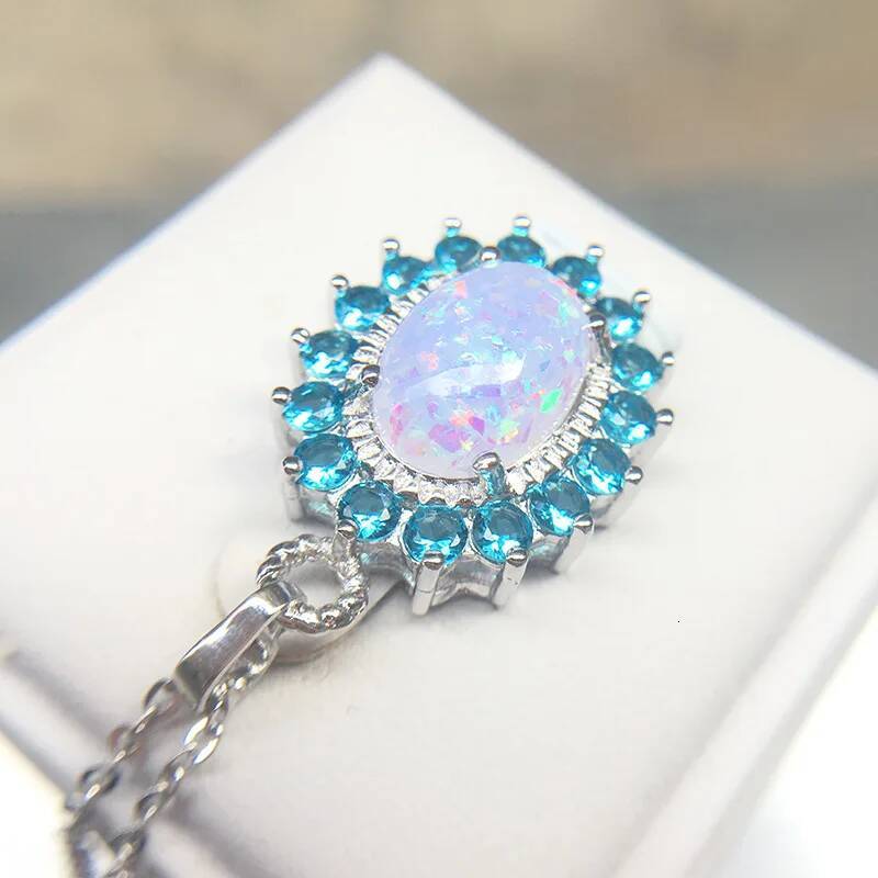 Genuine Sterling Sier Pendant Oval Shape Opal Necklace Zirconia Women Chain Necklaces Birthday Gifts for Wife