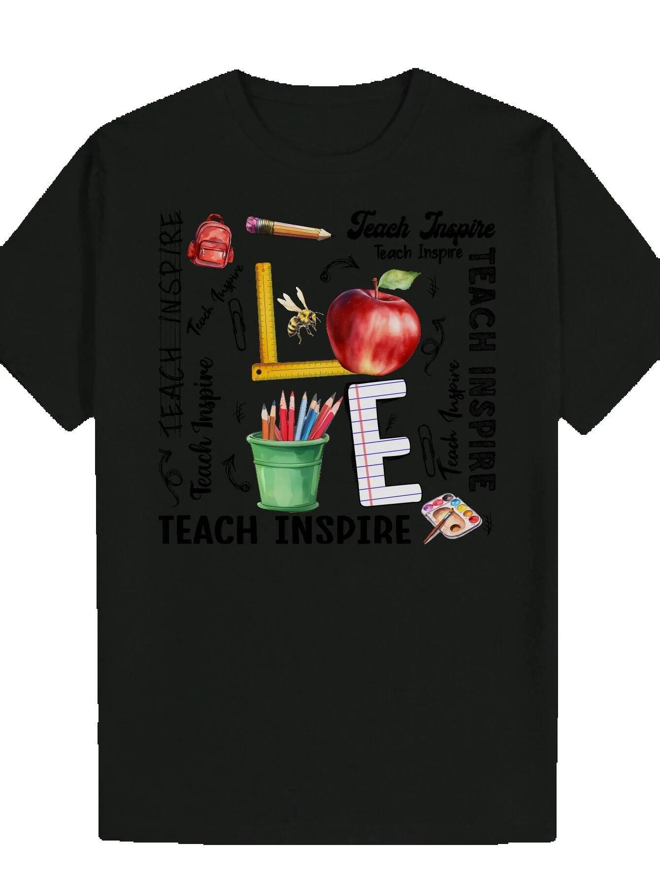 Men's Summer Casual Round Neck Polyester Pattern T-Shirt with 'Teach Inspire' Design Incorporating Colorful Educational Elements, Perfe