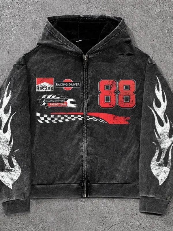 European and American cross-border American retro zipper hooded sweatshirt printed street dark unisex loose worn jacket