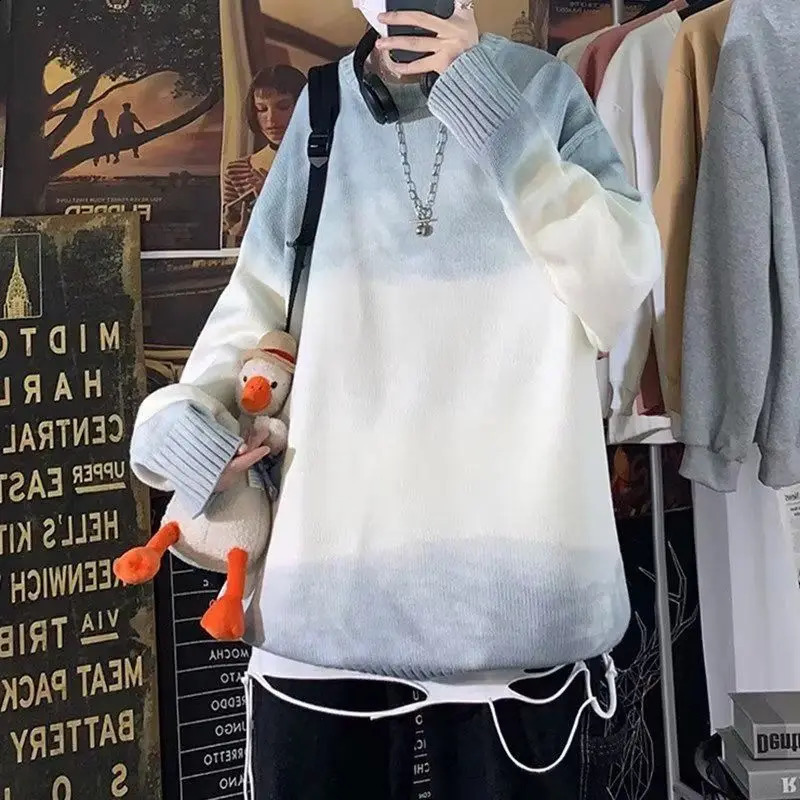 Mens Crew Neck Loose Contrast Gradient Knitted Sweater 250805