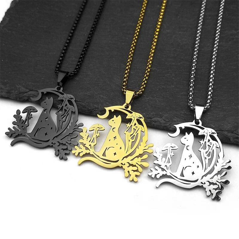 Night Witchcraft Black Cat Pendant Necklace For Women Men Stainless Steel Half-Moon Mushroom Plant Chain Jewelry Gifts Jewelry for Women