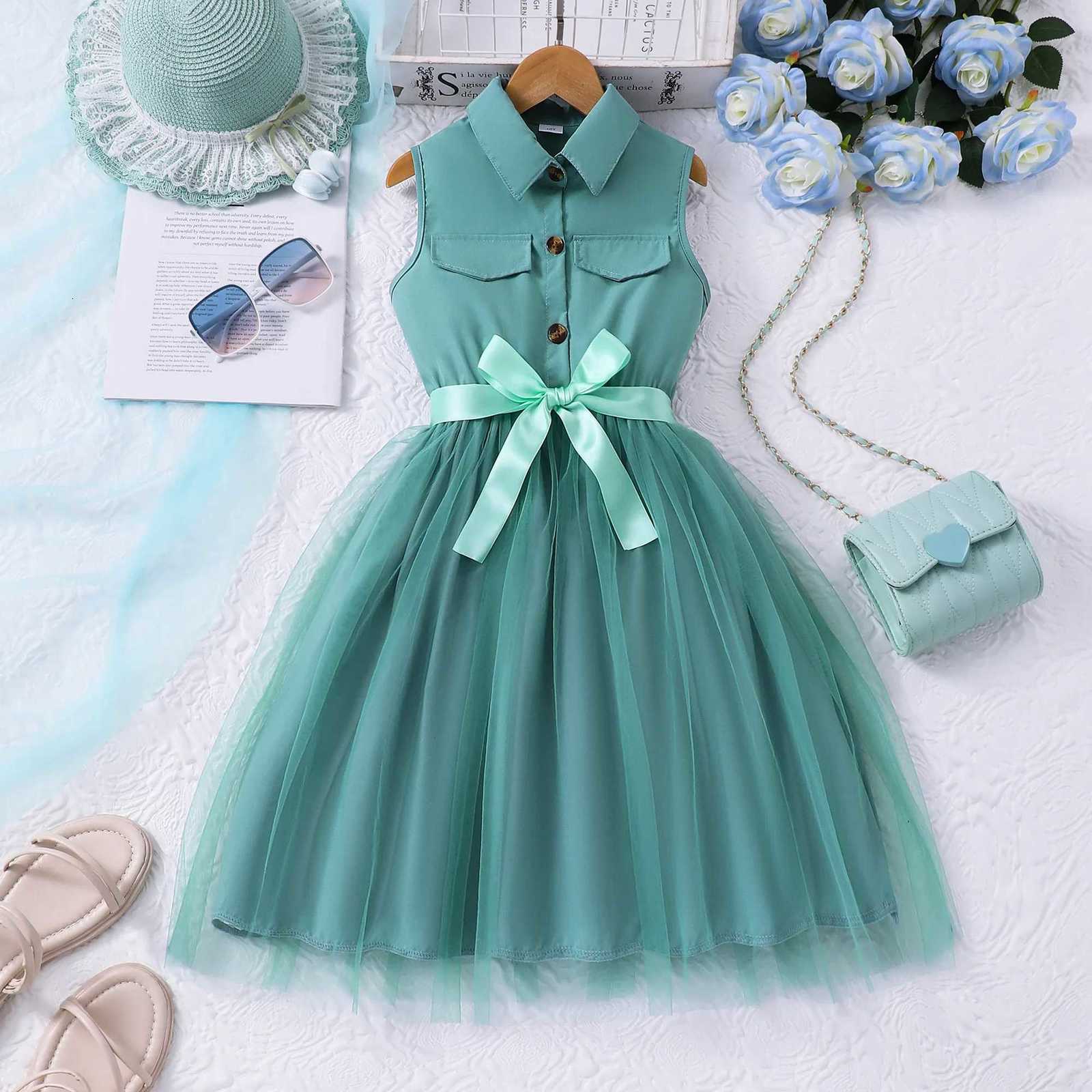 7-12 Years Dress for Girls Clothes Summer Khaki Kids Dresses Sleeveless Casual Vacation Elegant Brown Mesh Children Princess Dresses W250811