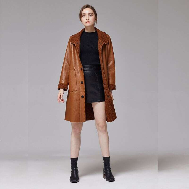 Women's Clothing Autumn And Winter New Leather Jackets Women, Mid Length PU Ladies Slim Fur Windbreaker For Women