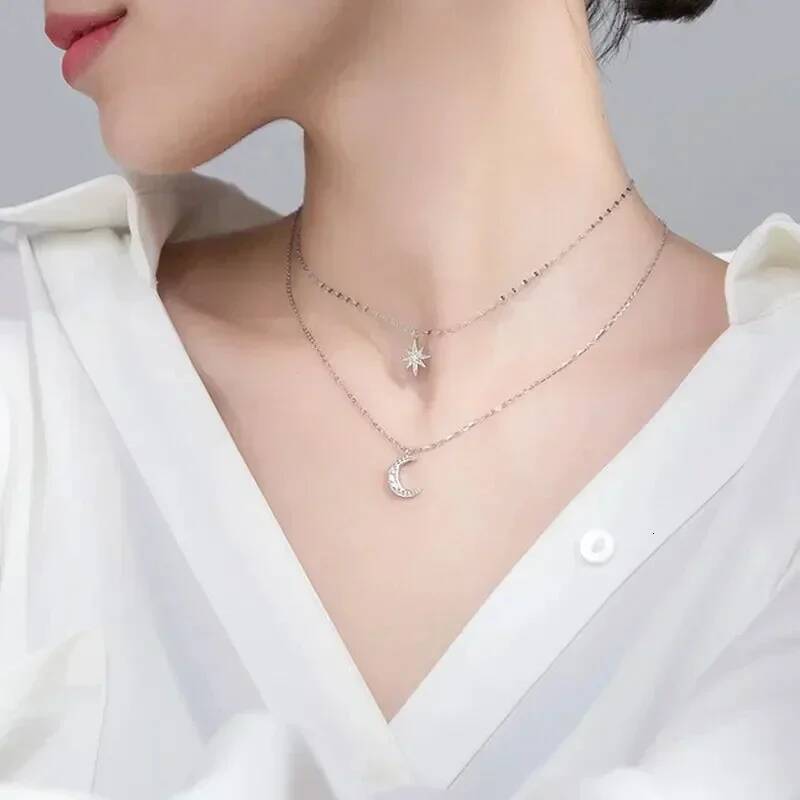 New Fashion Sier Color Double Layer Star Moon Necklace for Women Charm Delicate Zircon Stainless Steel Choker Chain Jewelry