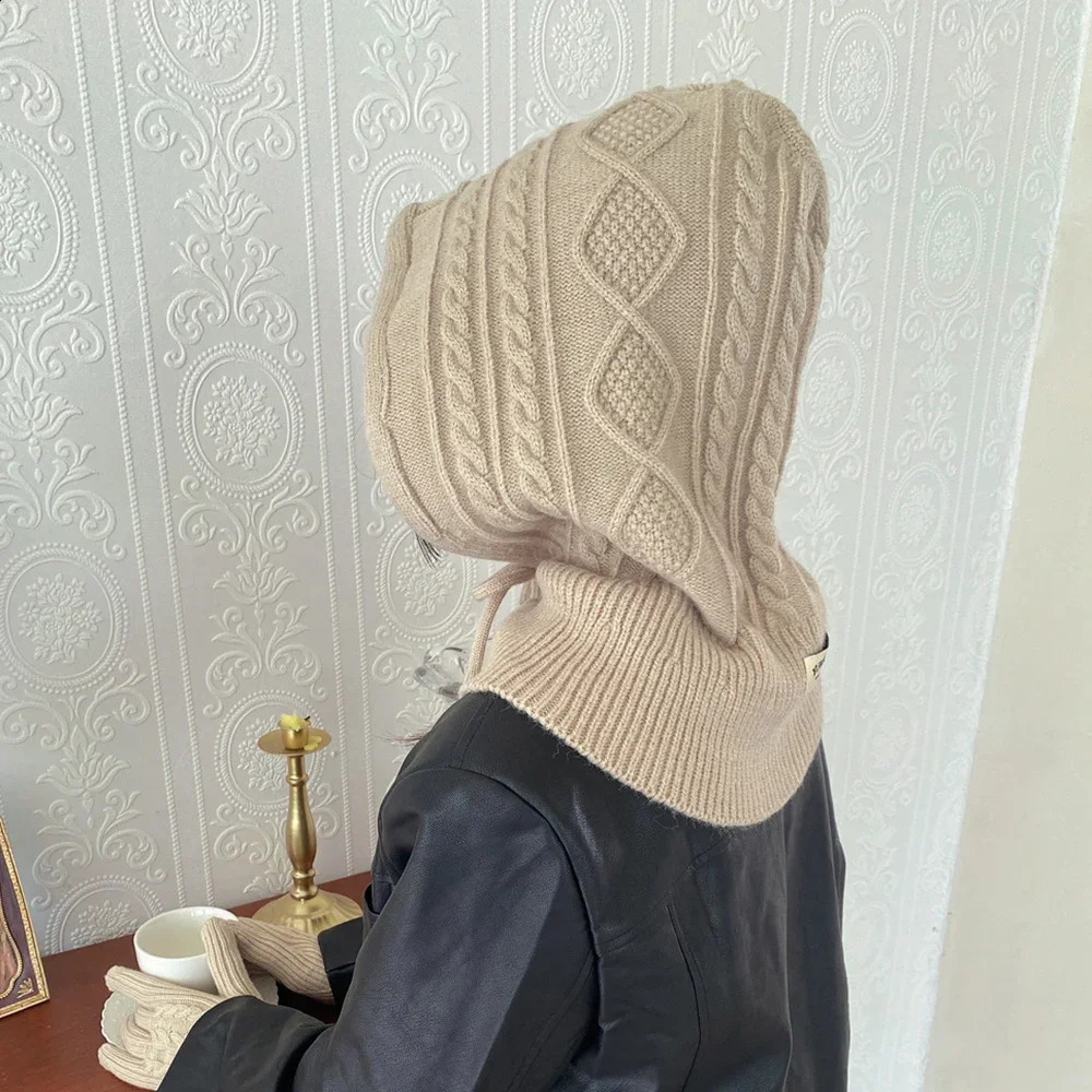Knitted Balaclava Hat Winter Warm Thicken Cashmere Scarf Set Shawl Split Finger Gloves Wool Pullover Hat Accessories 250808