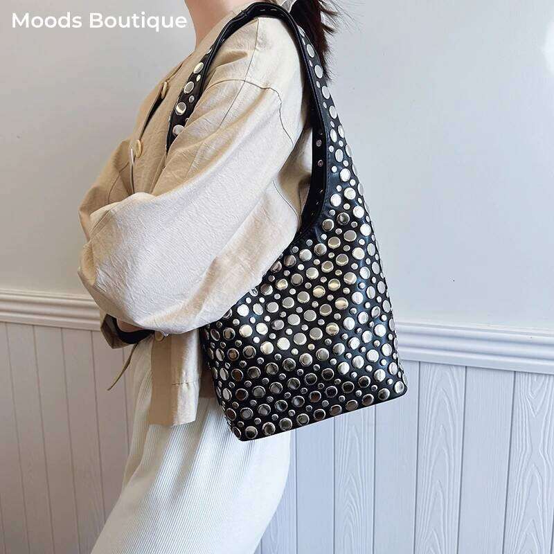 MOODS Punk Biker Style Underarm Shoulder Bucket Bags For Women Rivet Decor Shopper Tote 2025 Designer Purses And Handbags