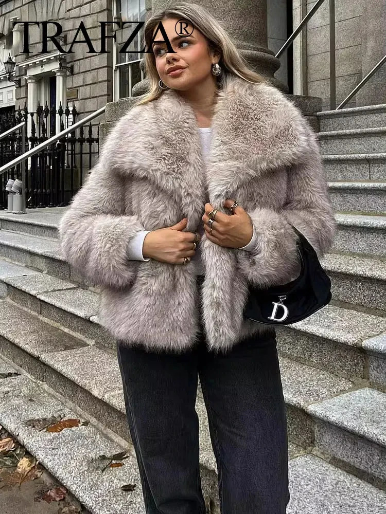 TRAFZA Winter Women Casual Faux Fur Lapel Jackets Fashion Solid Oversized Thick Coats Female Fuzzy Warm Long Sleeves Outerwear 250806