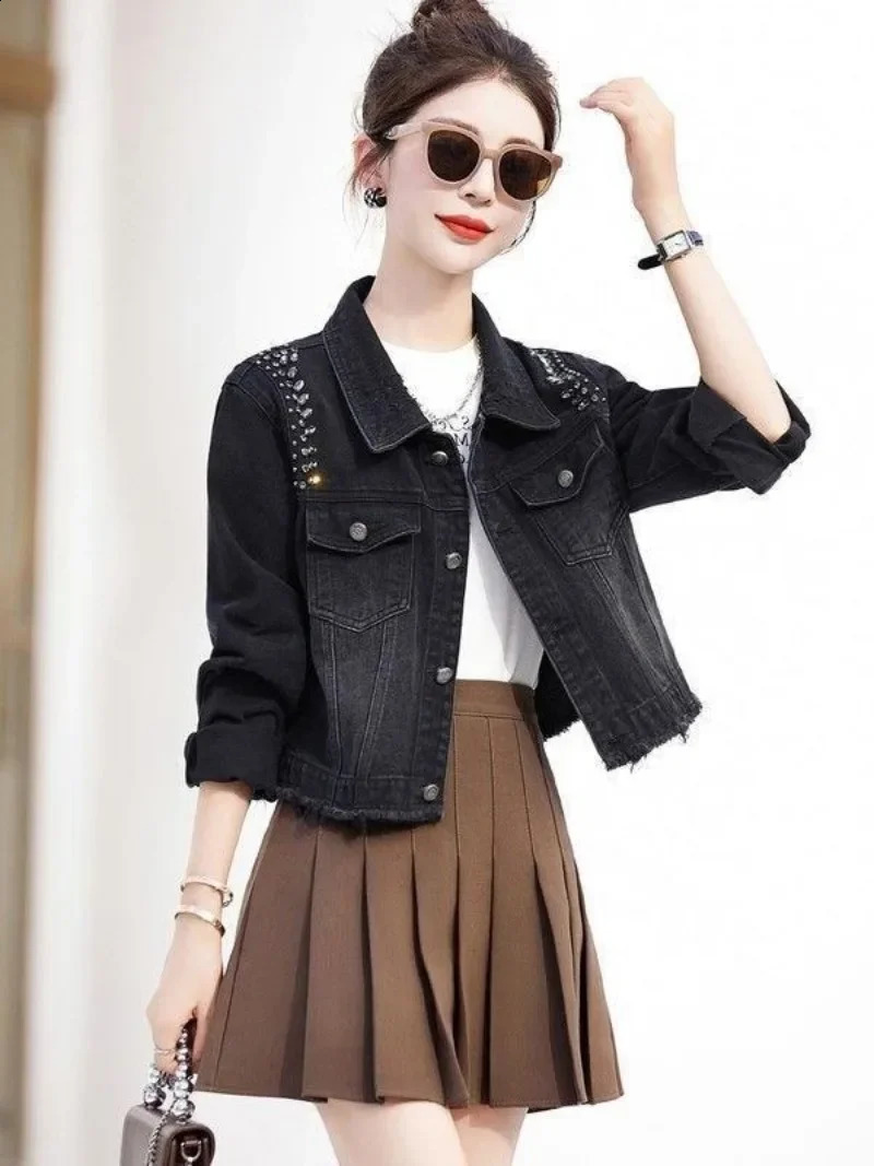 Female Jeans Coats Crop Black Small Diamonds Short with Rhinestones Sequin Studded Womens Denim Jackets Streetwear Original 250804