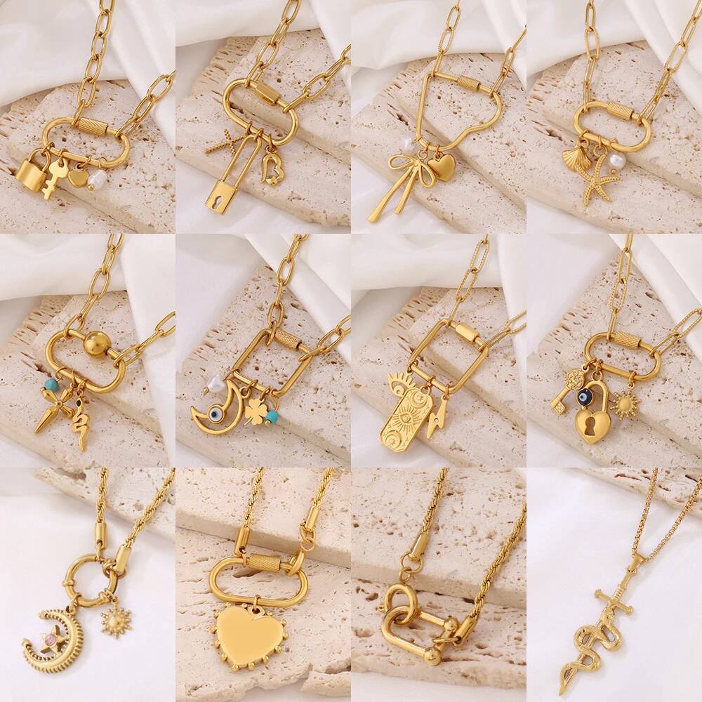 316 Stainless Steel Key Lock Fatima Charm Carabiner Clasp For Women Men Clover Moon Heart Pendant Necklace Jewelry Gift Jewelry for Women