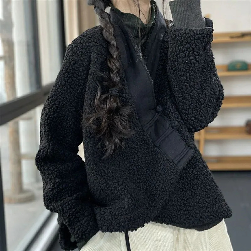 Limiguyue Literary Solid Short Jacket Women Loose Thick Lamb Wool Coat Ethnic Style Vneck Buckle Outerwears Autumn Winter 623P 250811