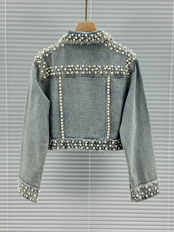 Embellished Denim Jacket for Women Fall Crystal Beaded Cropped Jean Coat Long Sleeve Slim Fit Fashion Rhinestone Top 250804