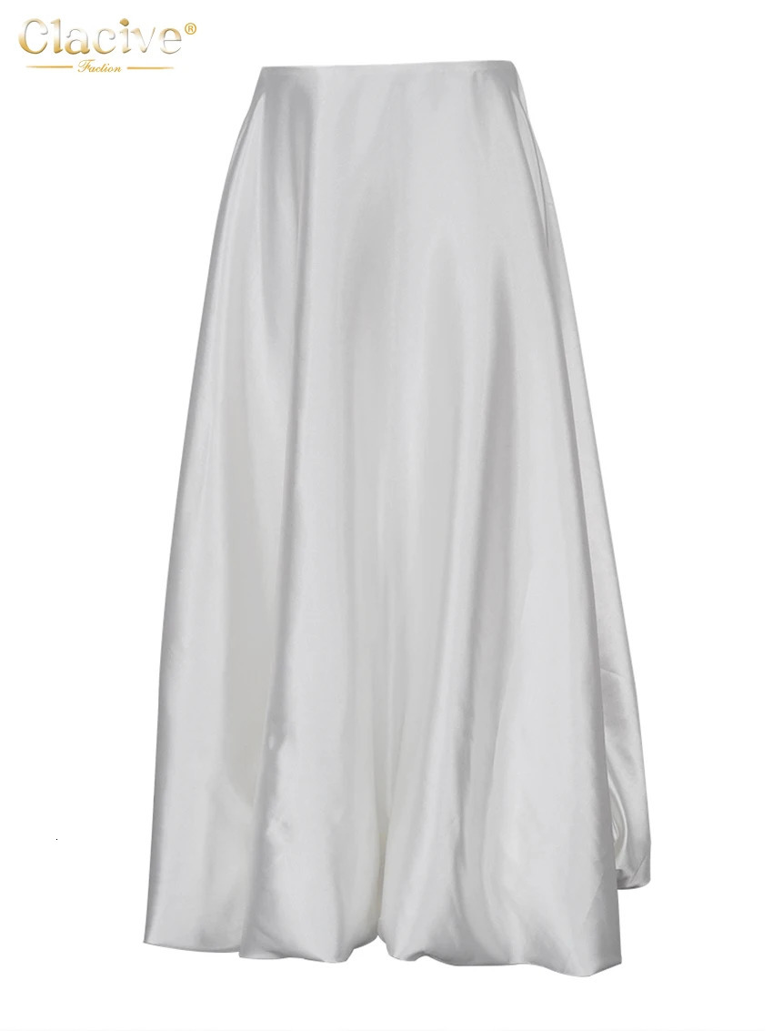 Clacive Fashion Beige Satin Skirts For Women Elegant High Waist Office Lady Ankle-Length Skirt Casual Loose Skirt Female Clothes 250811