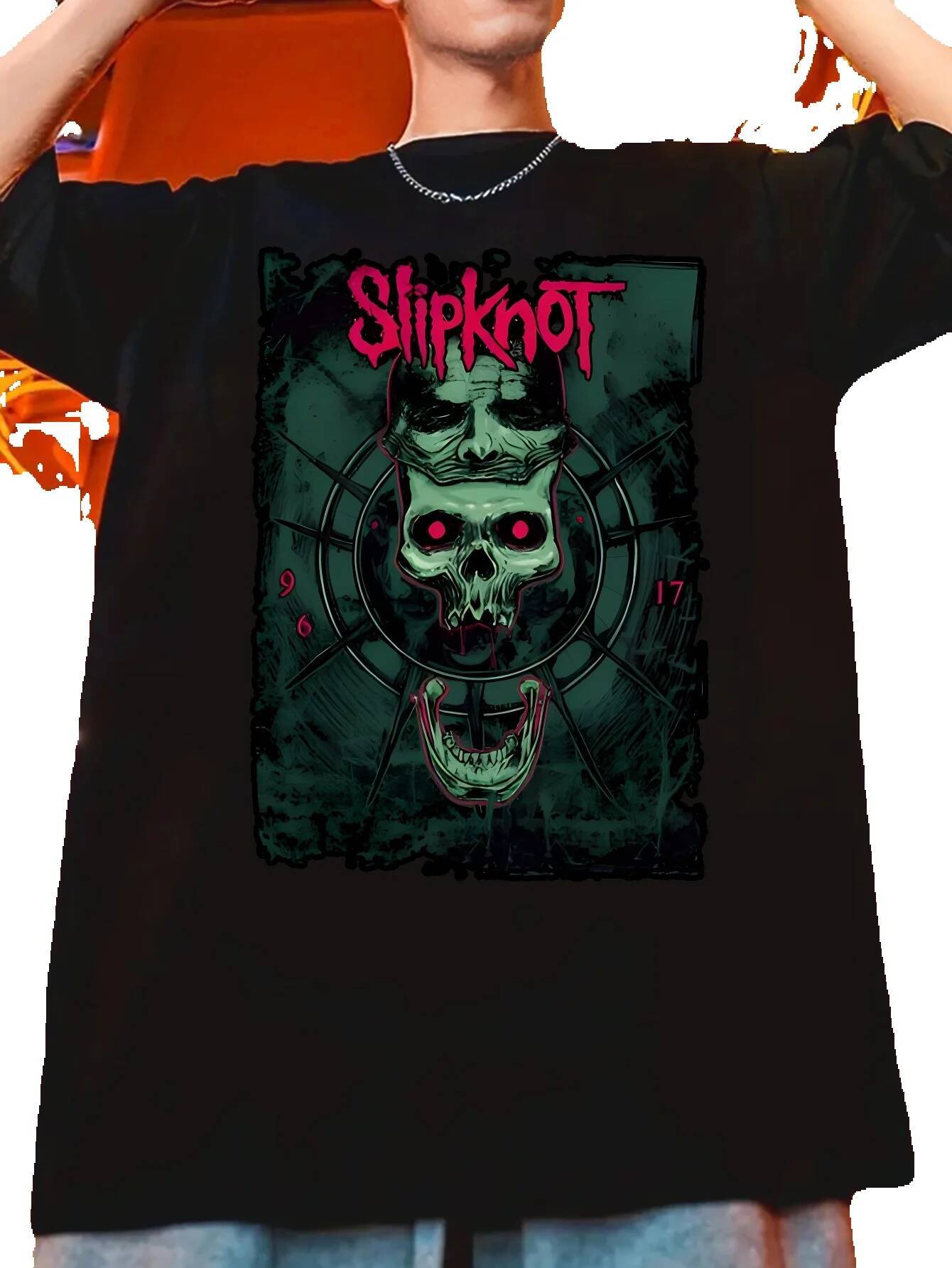 Men's Summer Casual Crew Neck 100% Polyester Knit Fabric, Regular Fit, Slightly Elastic, 180g/m2, Skull Pattern T-Shirt, Breathable and Comfortab