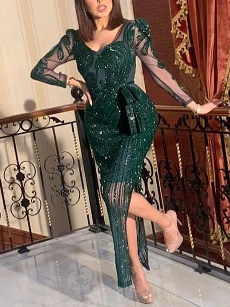 Fashion Vneck Sparkling Printed Green Long Sleeve Evening Dress for Women party wedding Vestidos 250811