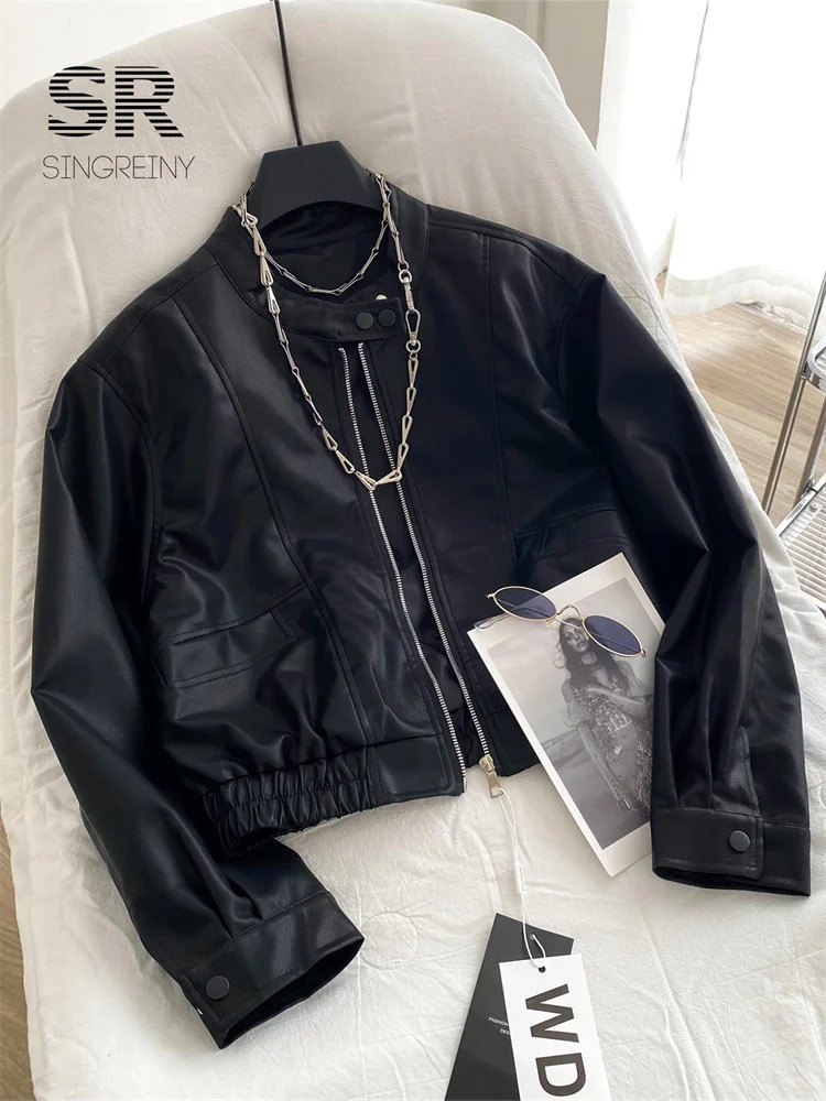 SINGREINY Streetwear PU Leather Cropped Jacket Long Sleeves Zipper Pocket n Women Chic Loose Trendy Autumn Overcoat 250809