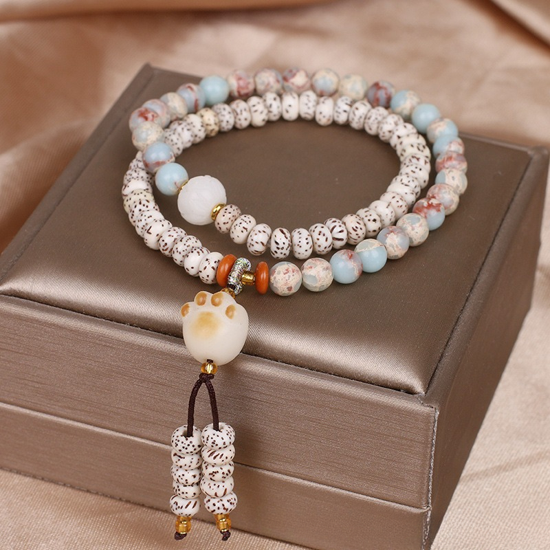 Retro ethnic style temple star moon bodhi double circle carbon coke cat paw pendant bracelet 25811