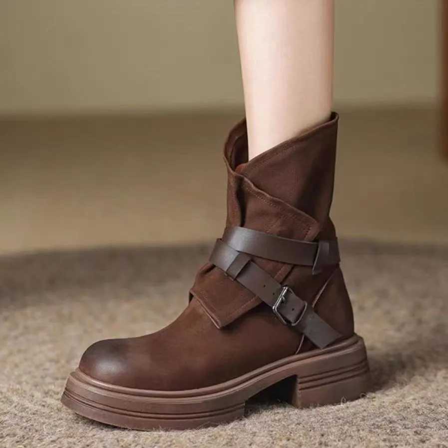 2025 Autumn Winter Retro Belt Buckle Nubuck Leather Martin Boots for Women Thick Heels Shoes Woman Frosted Western Cowboy Short Boots W250811