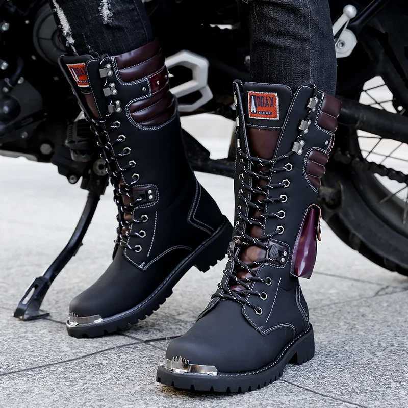 Fashion Punk Motorcycle Boots Men Boots Winter High Heel Casual Lace-up Leather High Black Biker Solid Boot Military Men Shoes W250811